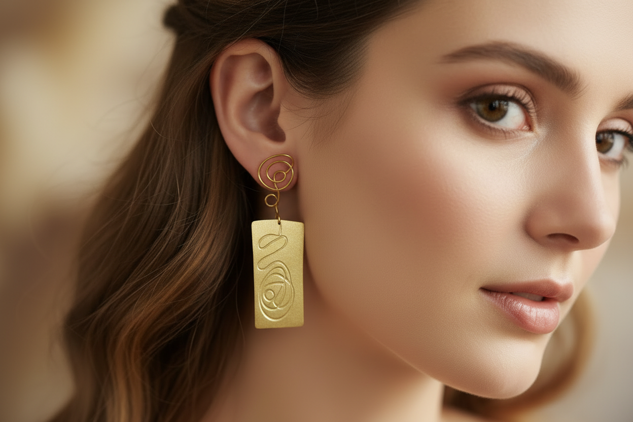 Large gold-plated earrings with original engraving. Traces