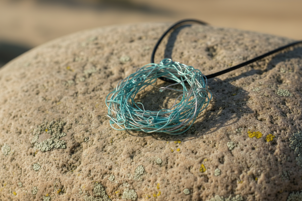 Colgante artesanal en cobre y bronce con pátina verde, diseño circular orgánico sobre fondo de roca natural.