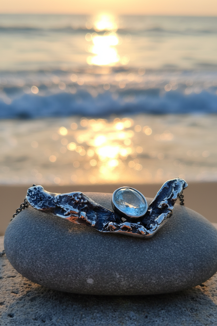 Colgante artesanal de plata 925 con una aguamarina natural montado sobre una piedra lisa, fotografiado con un fondo cálido de atardecer en la playa