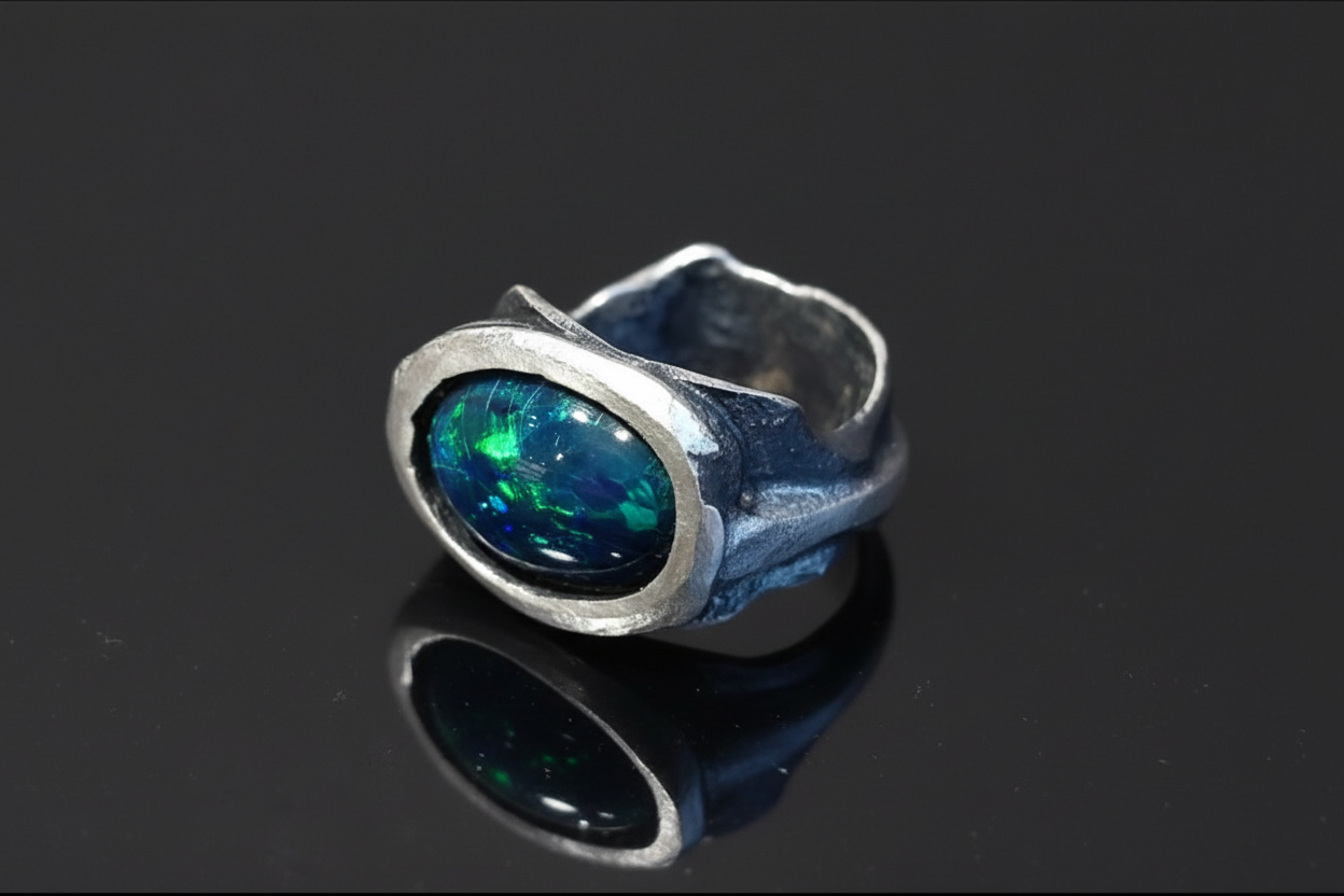 Anillo artesanal de plata con ópalo natural azul‑verde ovalado, fotografiado sobre superficie negra reflectante